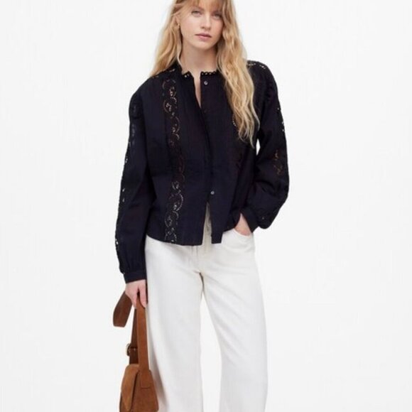 NWT Madewell Black Lace-Inset Pintucked Button-Up Top - Size: XXS - Picture 13 of 13